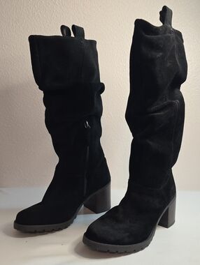 CLARKS CLARKWELL RISE BLACK KNEE-HIGH SLOUCHY STACKED HEEL BOOTS LADIES 8 NWOB
